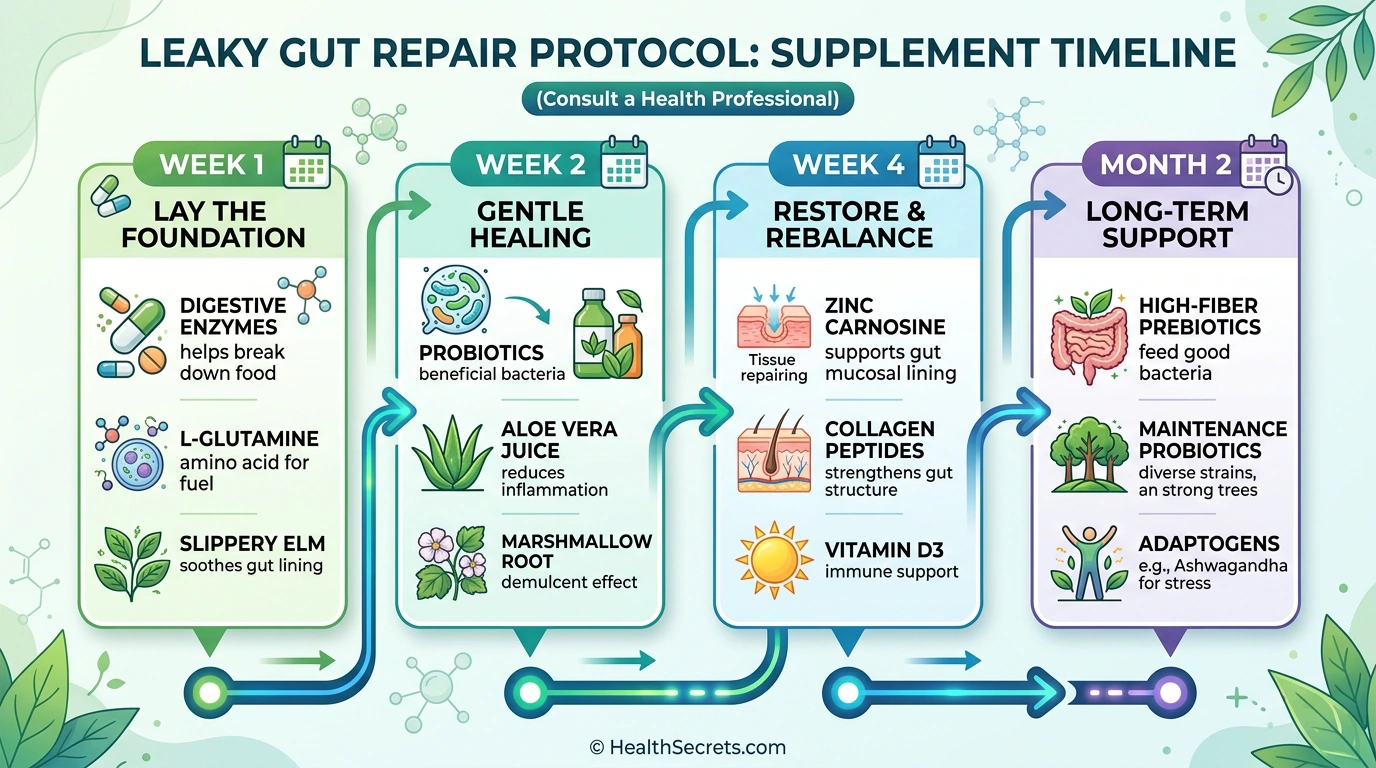 Leaky gut supplement protocol timeline from week 1 through month 3