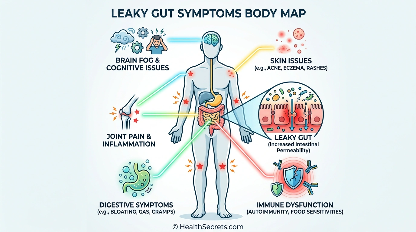 Leaky gut symptom body map showing digestive, neurological, skin, joint, and immune manifestations