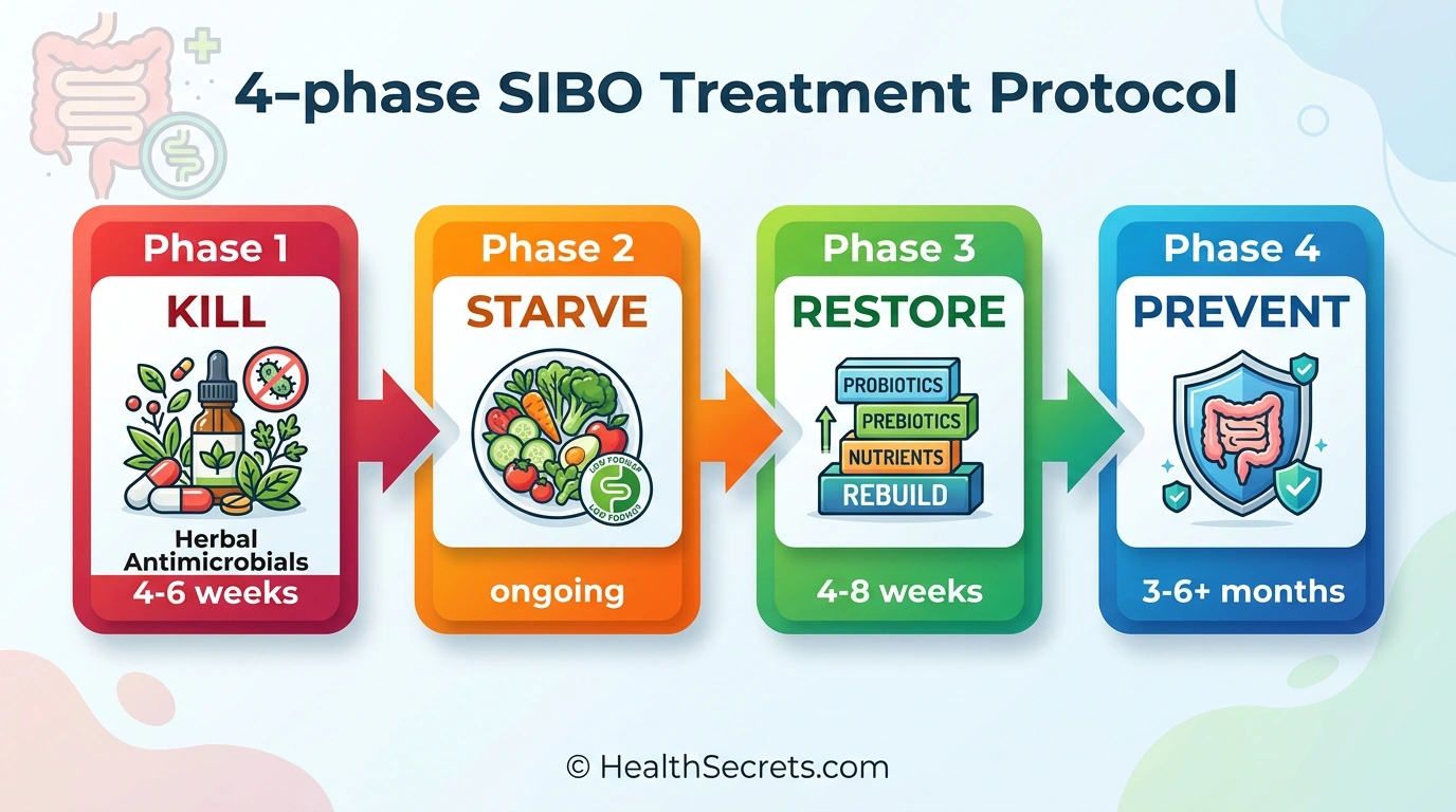 Four-phase SIBO treatment protocol flowchart showing kill, starve, restore, and prevent relapse phases with timelines