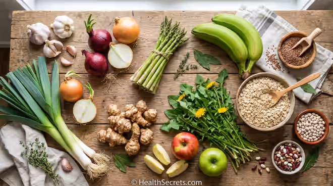 Top prebiotic foods including garlic, onions, leeks, asparagus, bananas, Jerusalem artichokes, oats, and beans arranged on a wooden table