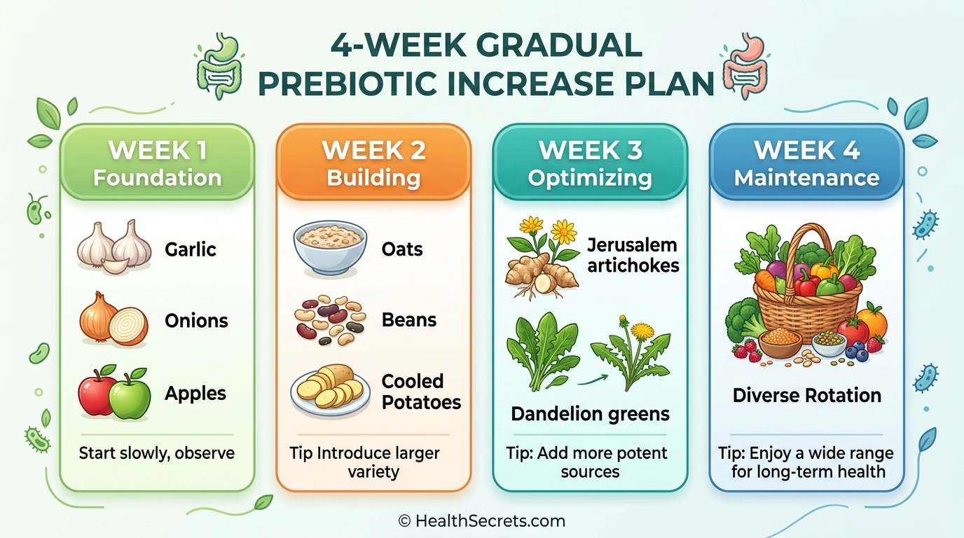 Four-week action plan for gradually increasing prebiotic food intake to prevent digestive discomfort