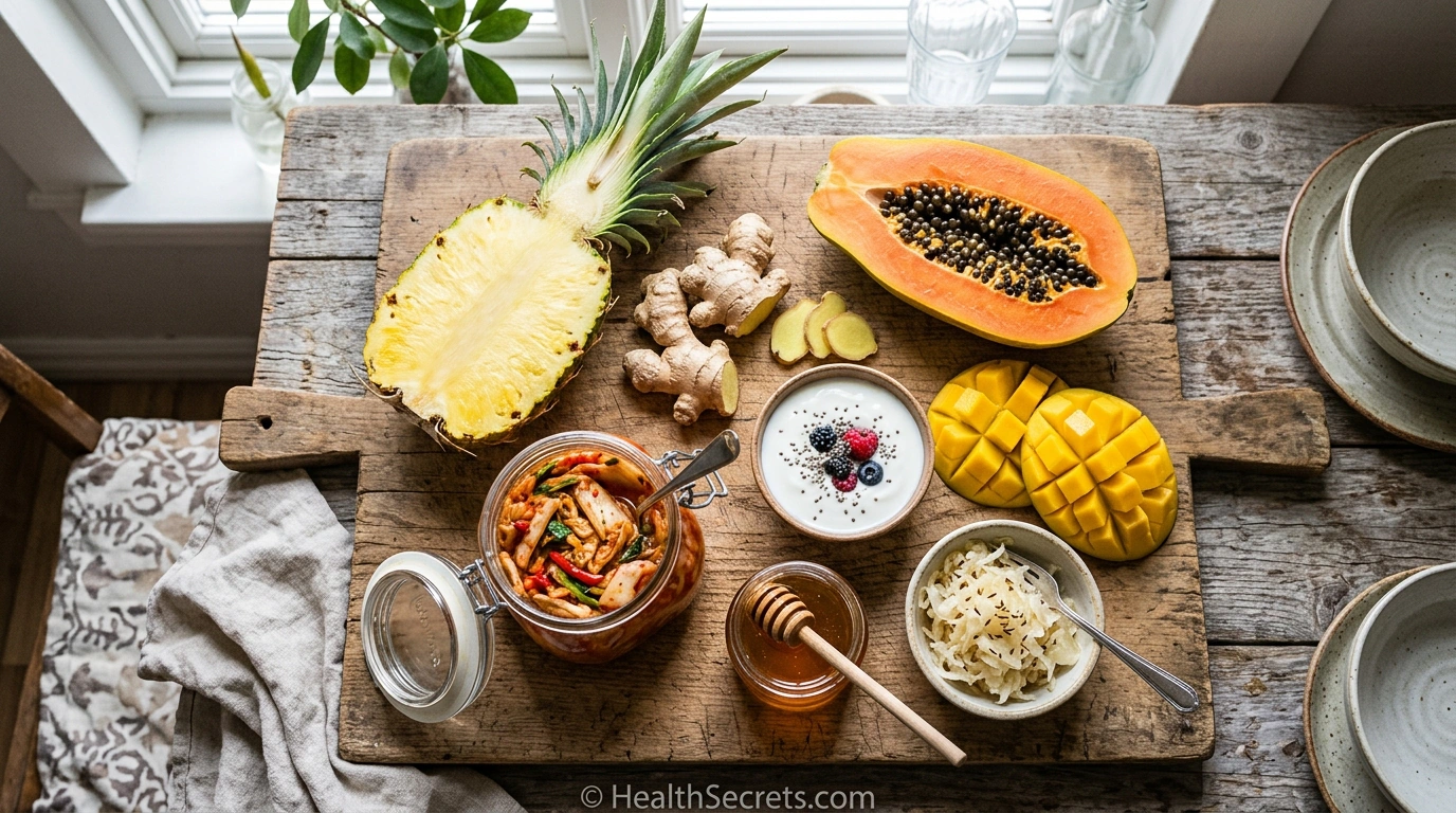 Natural enzyme-rich foods including pineapple, papaya, ginger, kimchi, kefir, and raw honey