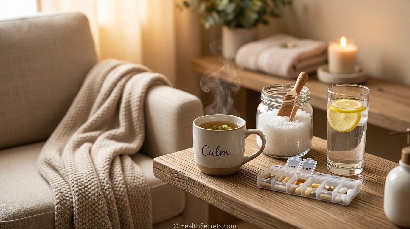 Candida die-off management essentials including hydration, Epsom salts, herbal tea, supplements, and rest for Herxheimer reaction relief