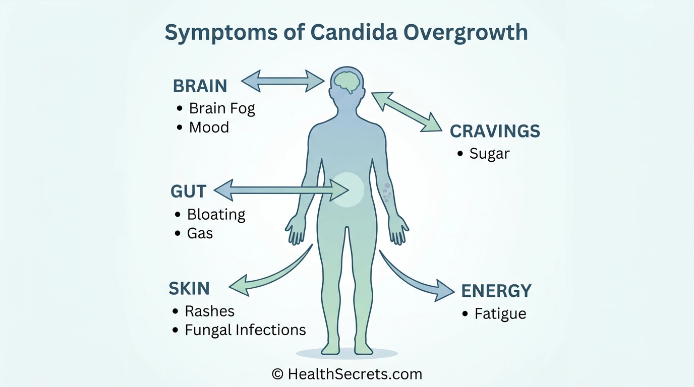 Candida overgrowth symptoms infographic showing digestive, neurological, skin, energy, and craving symptoms organized by body system