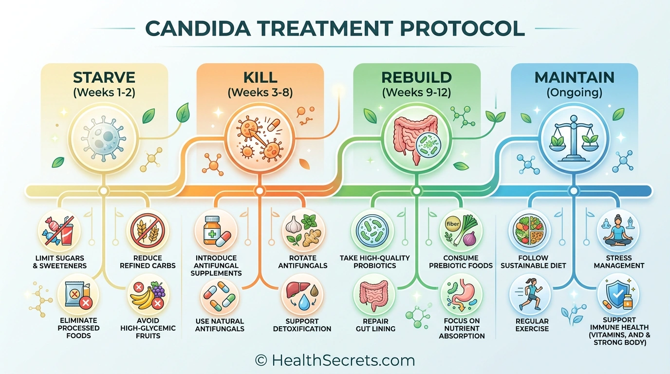 Candida treatment protocol timeline showing four phases: starve, kill, rebuild, and maintain with key actions for each phase