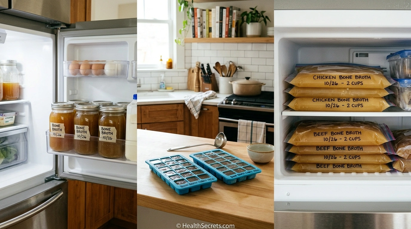 Three bone broth storage methods showing glass jars in the refrigerator, silicone molds for freezing, and labeled freezer bags