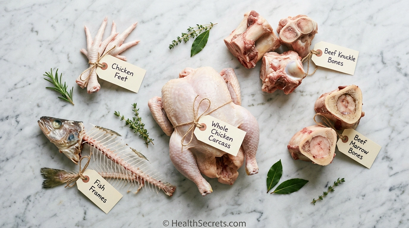 Different types of bones for making bone broth including chicken feet, beef knuckle bones, marrow bones, chicken carcass, and fish frames