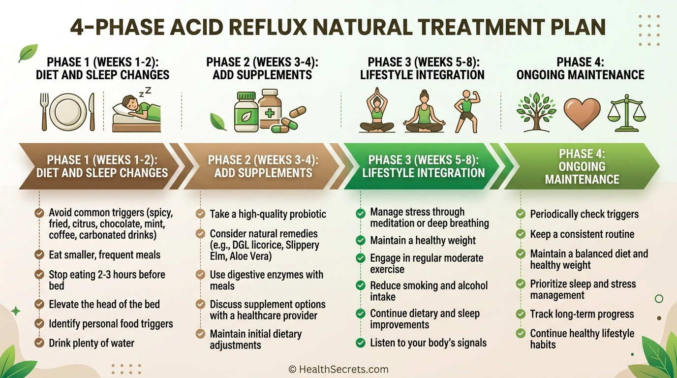 Four-phase timeline for natural acid reflux treatment plan from dietary changes through long-term maintenance