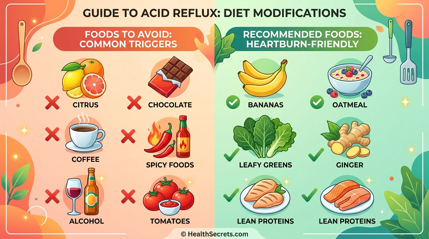 Infographic comparing acid reflux trigger foods to avoid versus recommended gut-healing foods for GERD relief