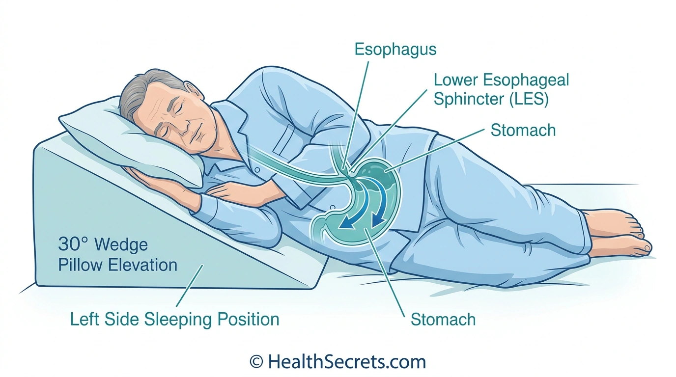 Medical illustration showing optimal left-side sleeping position with head elevation for acid reflux prevention