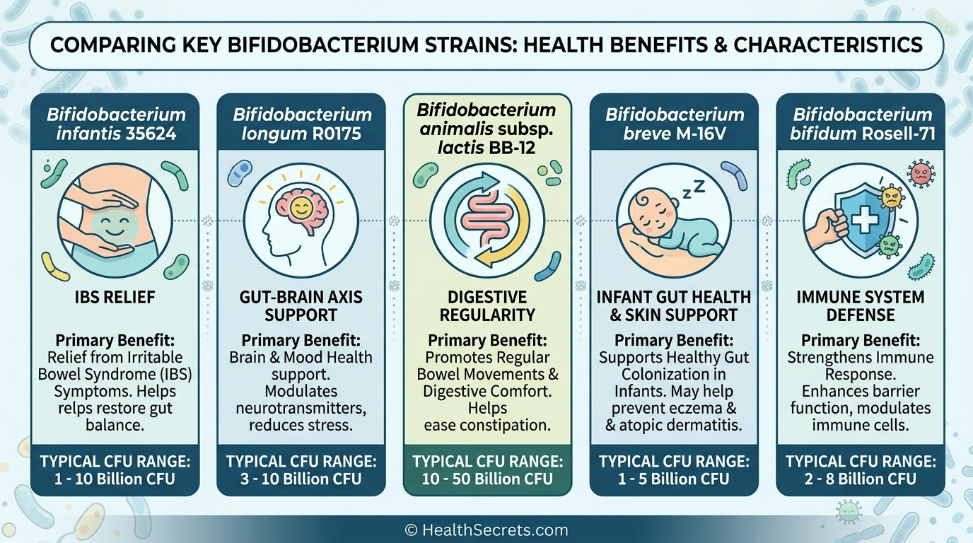 Comparison infographic of five key Bifidobacterium probiotic strains showing their primary benefits and recommended CFU ranges