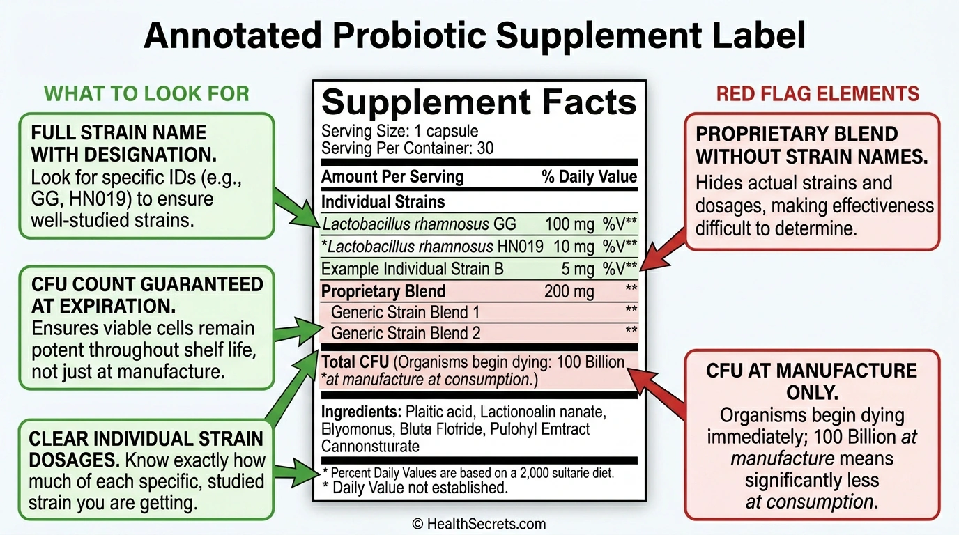 Annotated probiotic supplement label showing how to identify strain designations, CFU guarantees, and red flags when choosing a probiotic product