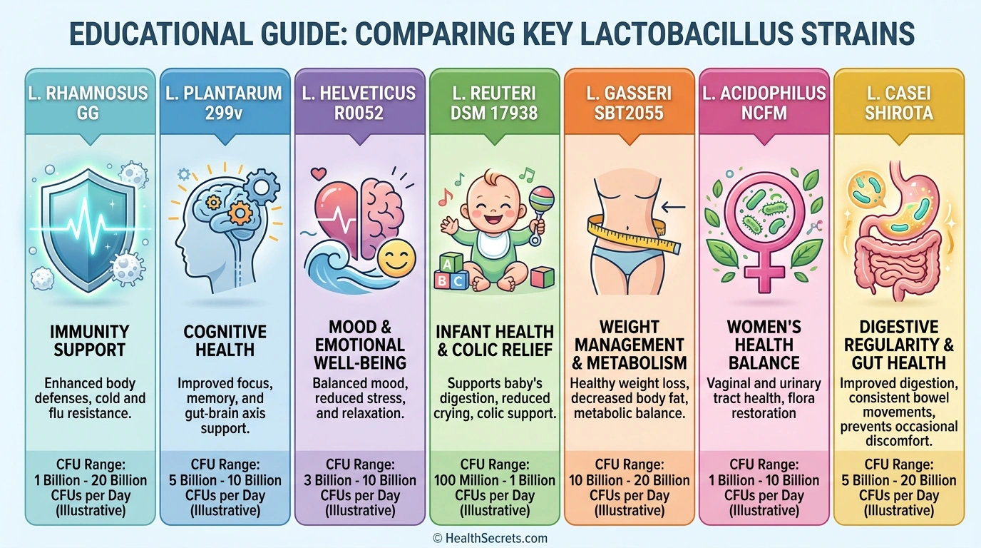 Comparison infographic of seven key Lactobacillus probiotic strains showing their primary benefits and recommended CFU ranges