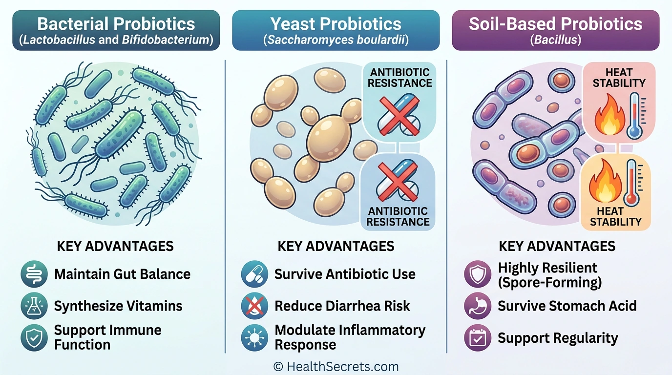 Overview of three probiotic types showing bacterial probiotics, yeast probiotics, and soil-based probiotics with their key characteristics