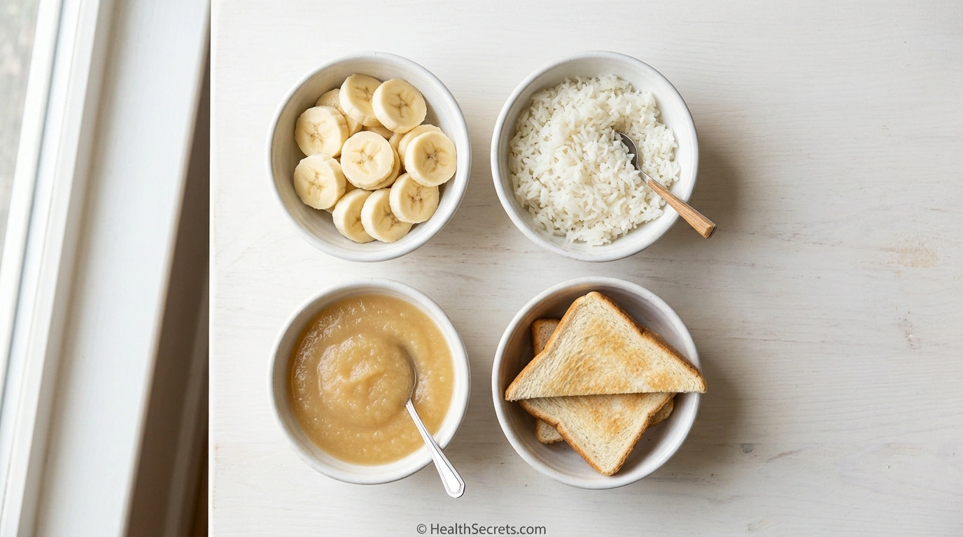 BRAT diet foods for diarrhea relief including bananas rice applesauce and toast in separate bowls