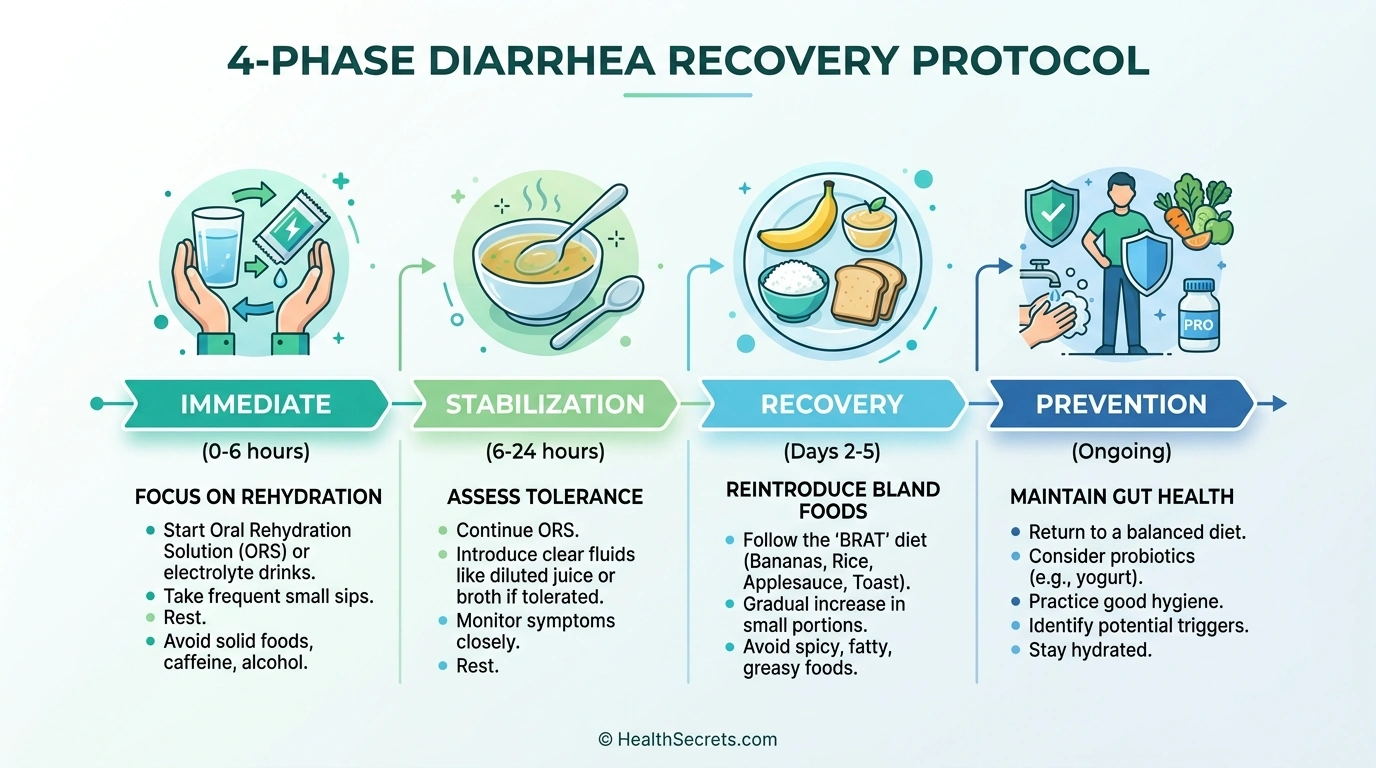 Four-phase diarrhea recovery timeline showing immediate relief through long-term prevention steps