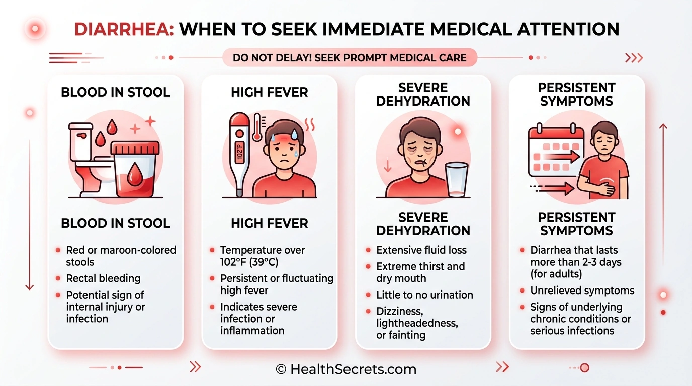 Infographic showing warning signs of dangerous diarrhea that require immediate medical attention