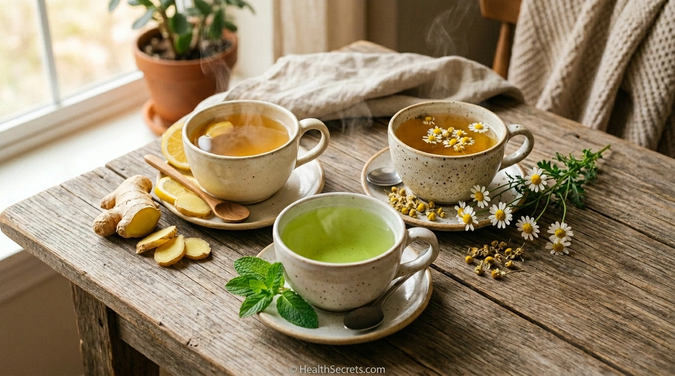 Three herbal teas for diarrhea relief ginger chamomile and peppermint with fresh herbs