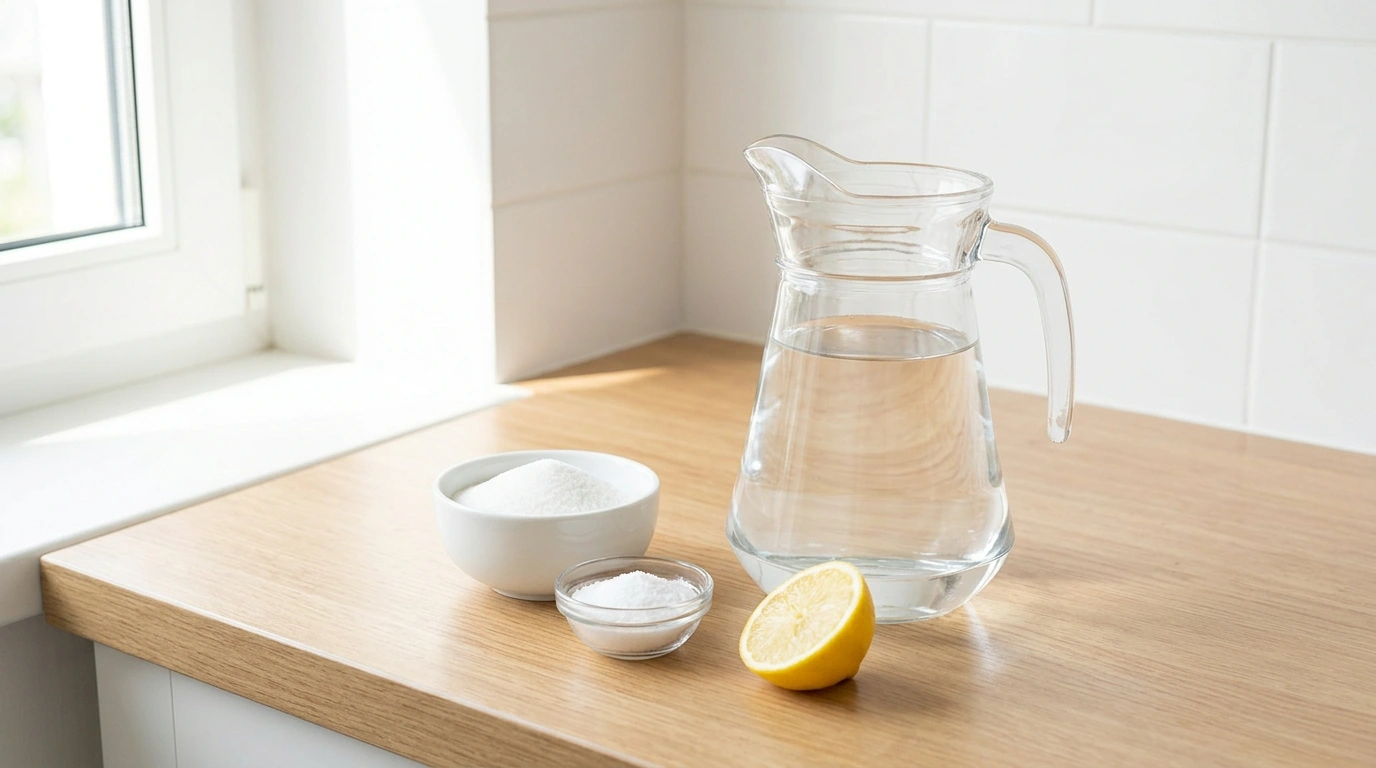 Homemade oral rehydration solution recipe ingredients including water sugar salt and lemon for diarrhea hydration