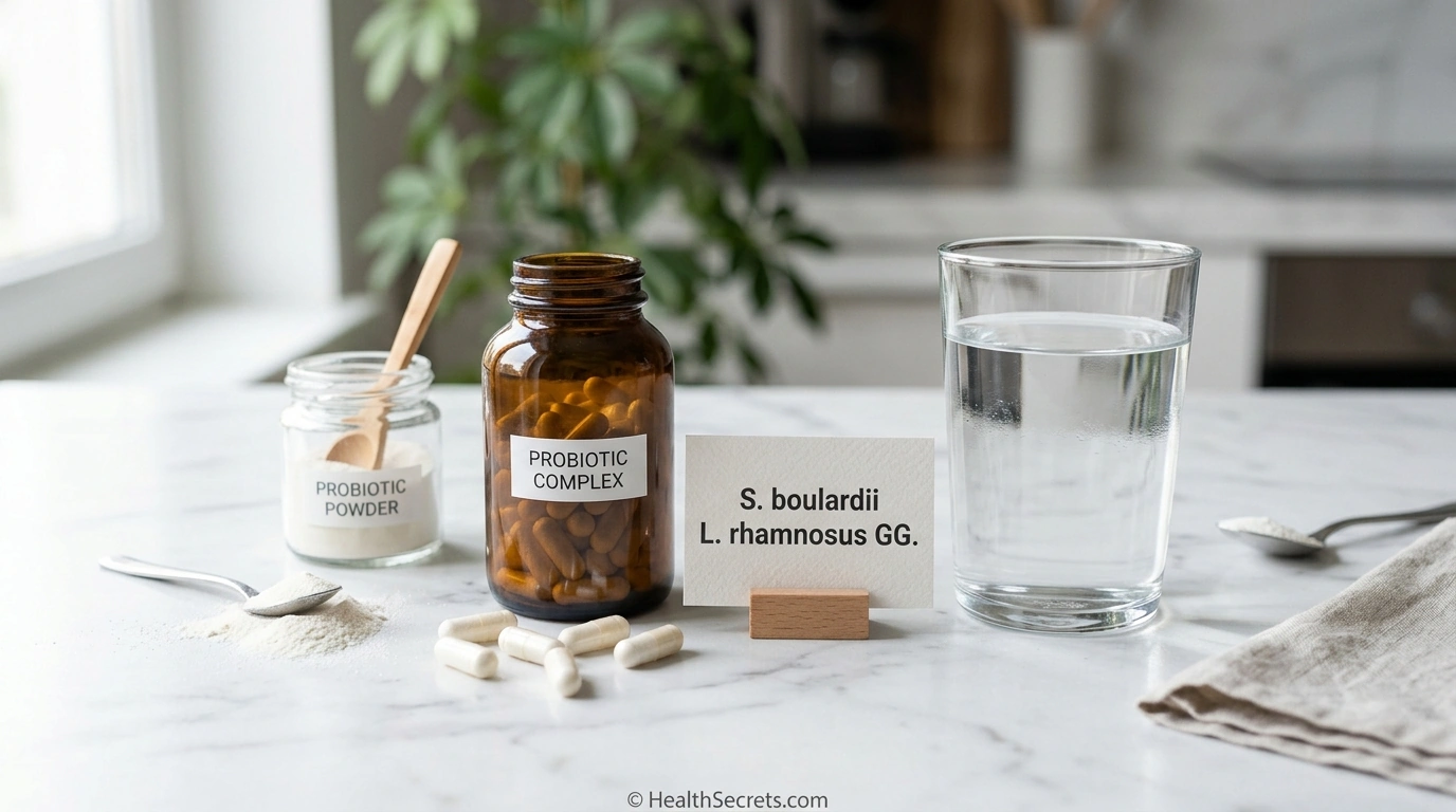 Probiotic supplements including Saccharomyces boulardii and Lactobacillus rhamnosus GG capsules for diarrhea treatment