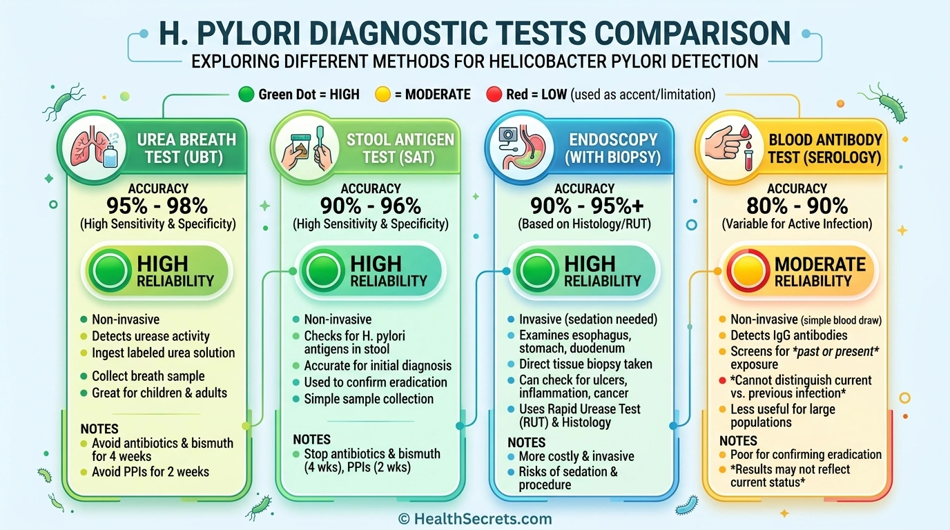 Infographic comparing H. pylori diagnostic tests including urea breath test, stool antigen test, blood test, and endoscopy with accuracy ratings
