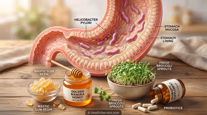 Illustration of Helicobacter pylori bacteria in the stomach alongside natural treatment options including mastic gum, manuka honey, and broccoli sprouts