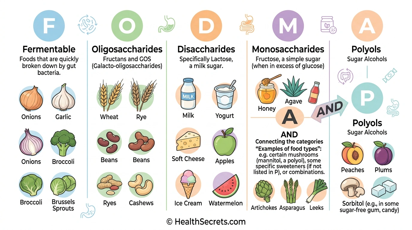 FODMAP acronym infographic showing Fermentable Oligosaccharides Disaccharides Monosaccharides and Polyols with food examples for each category