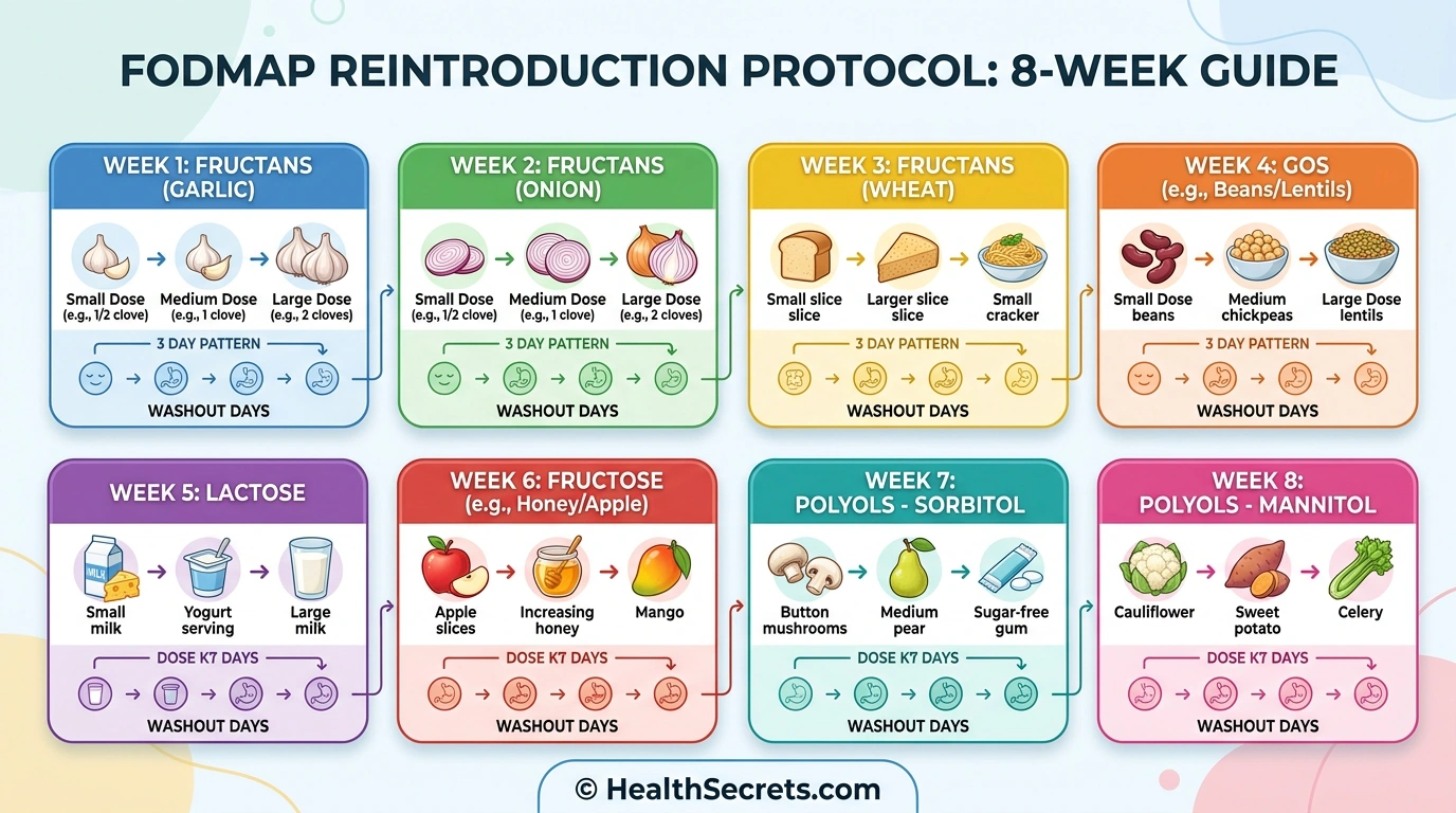 FODMAP reintroduction calendar showing the systematic 7-week testing schedule for each FODMAP subgroup with dose escalation and washout periods