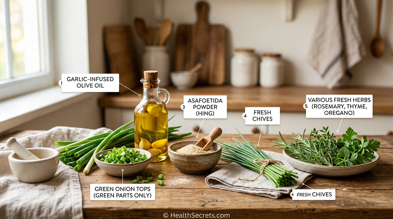 Low FODMAP substitutes for garlic and onion including garlic-infused olive oil green onion tops asafoetida powder and fresh herbs