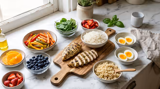 Colorful array of low FODMAP diet-friendly foods including proteins, grains, vegetables, and fruits arranged on a white countertop