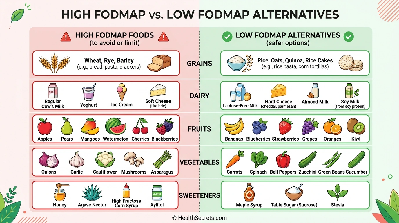 Visual comparison chart showing high FODMAP foods to avoid and low FODMAP alternatives organized by food group with red and green color coding