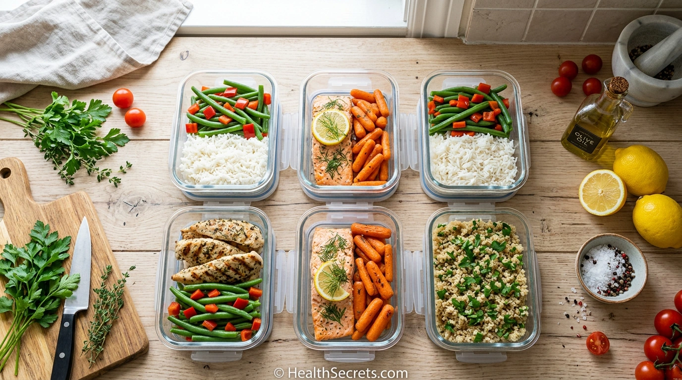 Low FODMAP weekly meal prep containers showing balanced meals with proteins grains and vegetables in organized glass containers