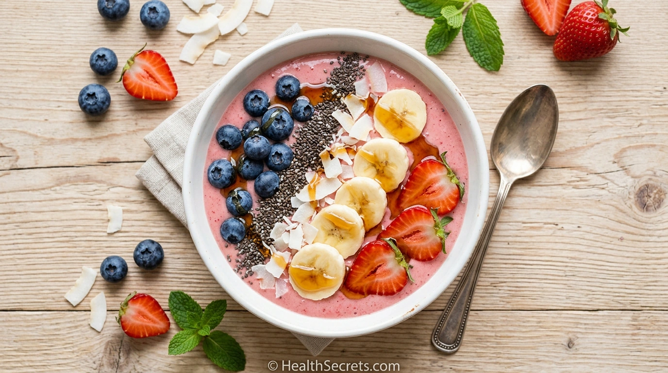Low FODMAP smoothie bowl topped with blueberries chia seeds and coconut in a white bowl