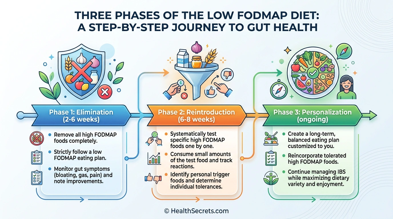 Timeline infographic showing the three phases of the low FODMAP diet elimination reintroduction and personalization with durations and key steps