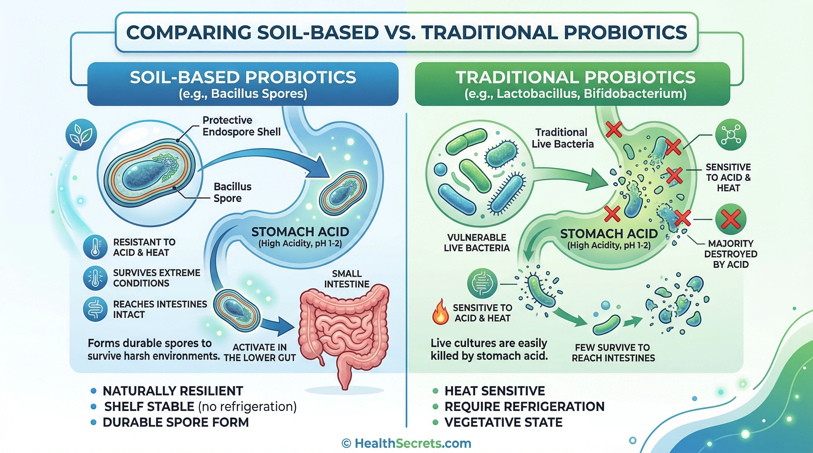 Infographic comparing soil-based spore-forming probiotics versus traditional probiotics showing survival rates and key differences