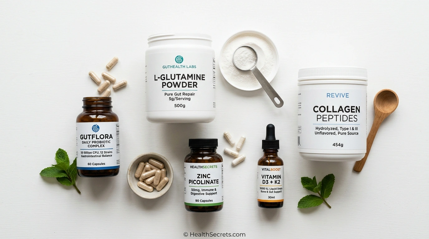 Complete gut-healing supplement stack featuring L-glutamine powder alongside probiotics, collagen, zinc, and vitamin D