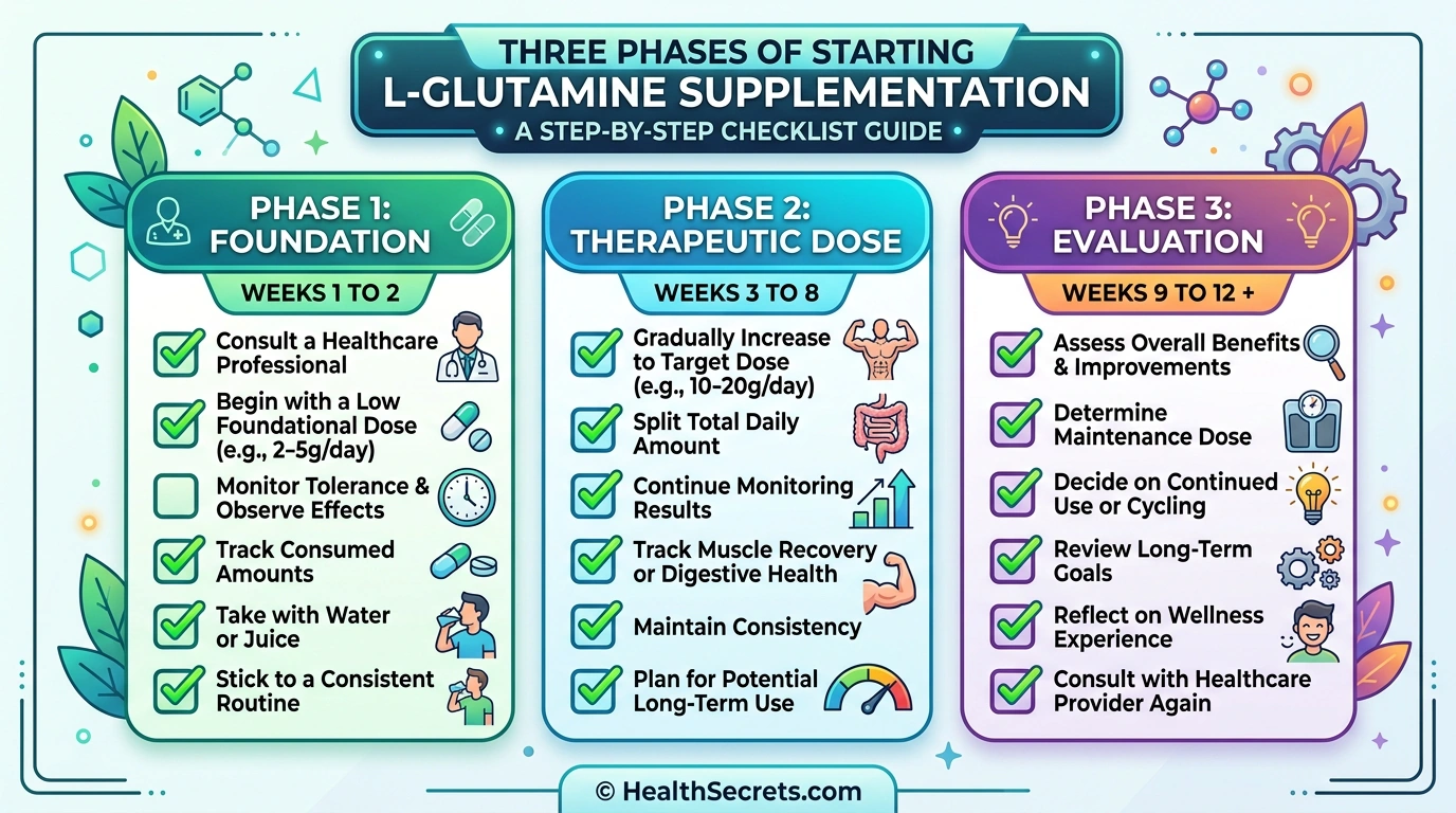 Three-phase action plan checklist for starting L-glutamine supplementation for gut health