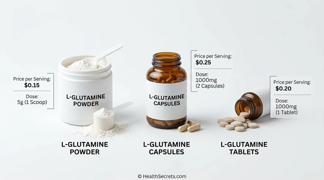 Comparison of L-glutamine supplement forms showing powder, capsule, and tablet options for gut health