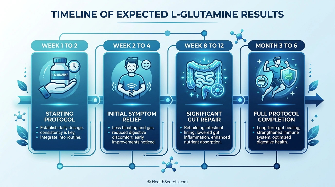 Timeline showing expected L-glutamine gut health results from week one through six months of supplementation