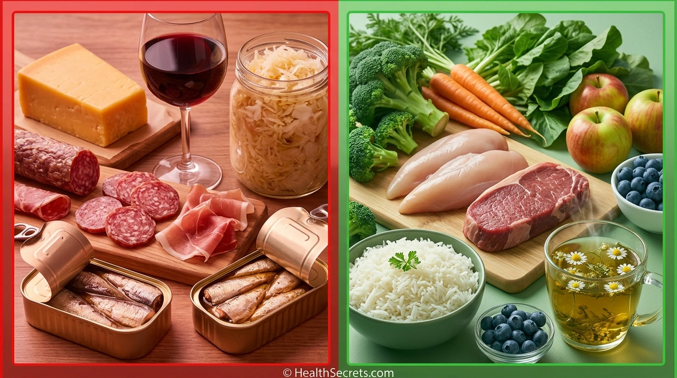 Side-by-side comparison of high-histamine foods to avoid and low-histamine foods that are well-tolerated for people with histamine intolerance