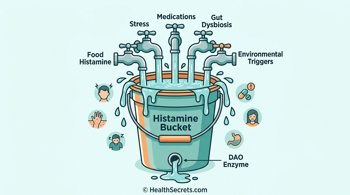 Illustrated diagram of the histamine bucket theory showing multiple sources filling a bucket with histamine and DAO enzyme as the drain, with symptoms appearing when the bucket overflows
