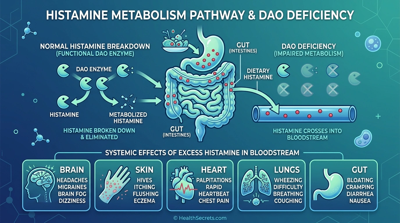 Infographic showing how diamine oxidase (DAO) enzyme breaks down dietary histamine in the gut and the effects of DAO deficiency on multiple body systems
