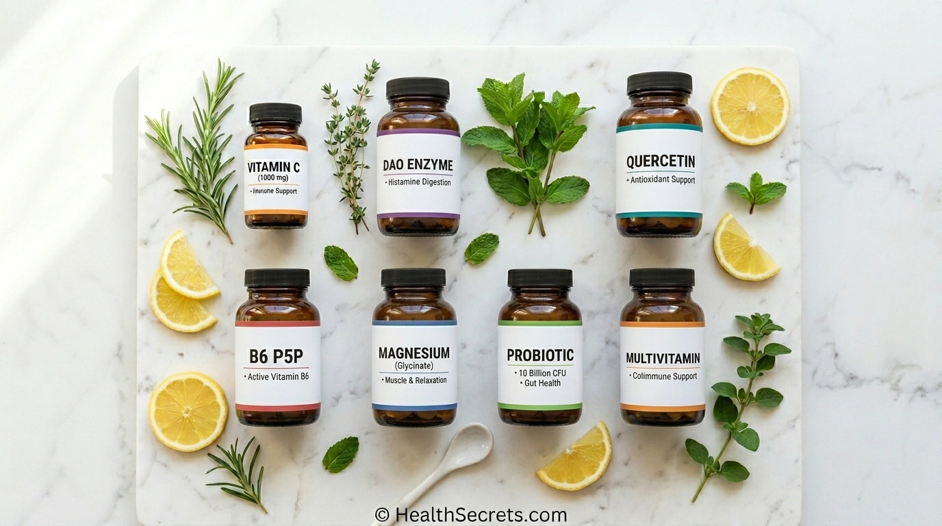 Flat-lay arrangement of histamine intolerance support supplements including DAO enzyme, quercetin, vitamin C, vitamin B6, magnesium, and probiotic bottles