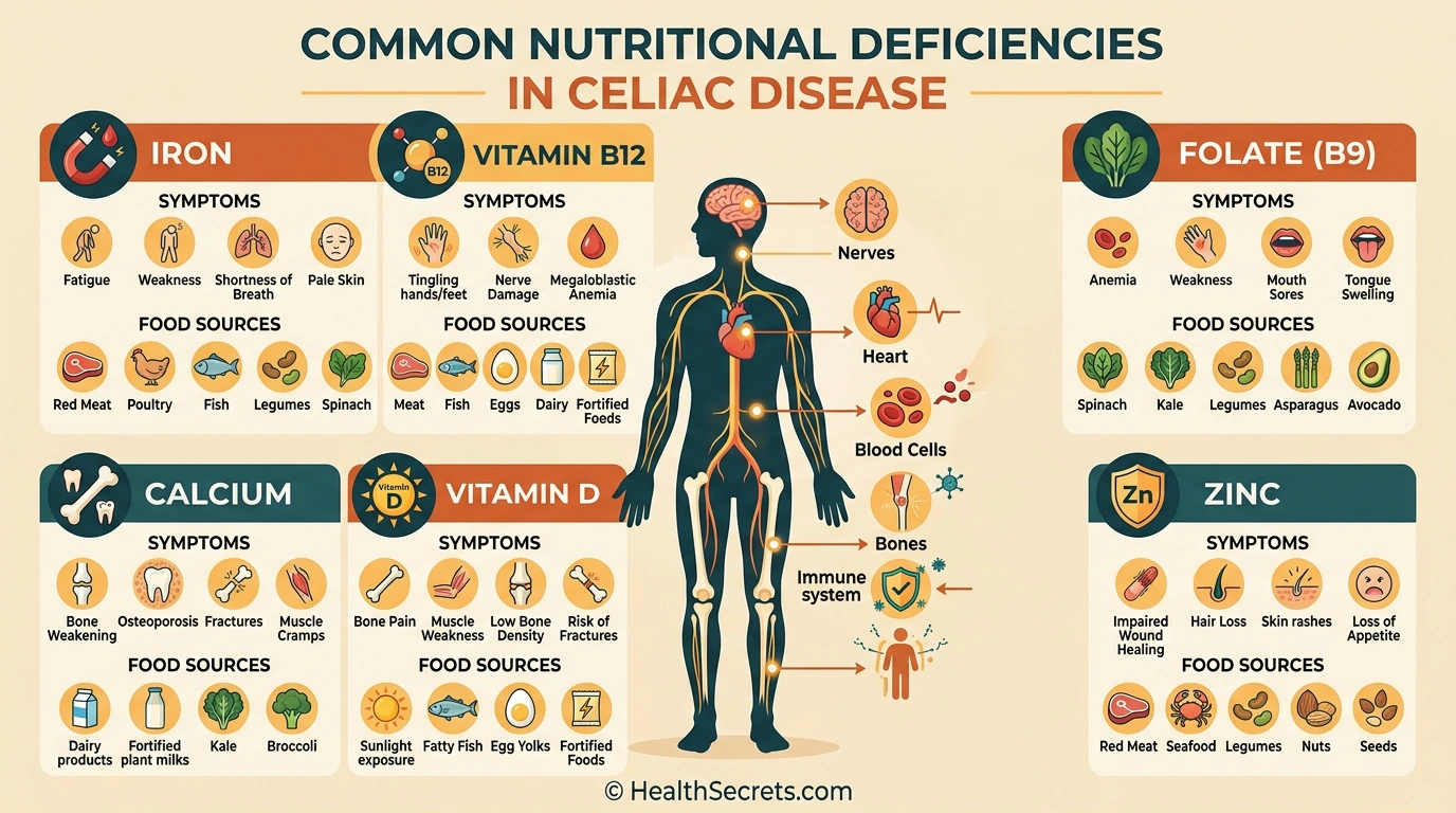 Infographic showing common nutritional deficiencies in celiac disease including iron B12 folate calcium vitamin D and zinc with symptoms