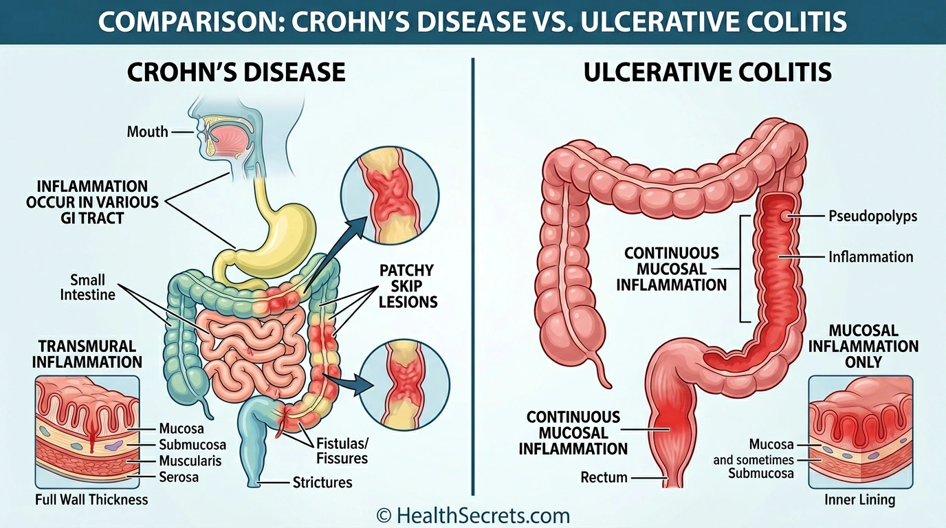 Comparison diagram of Crohn's disease versus ulcerative colitis showing location and inflammation patterns