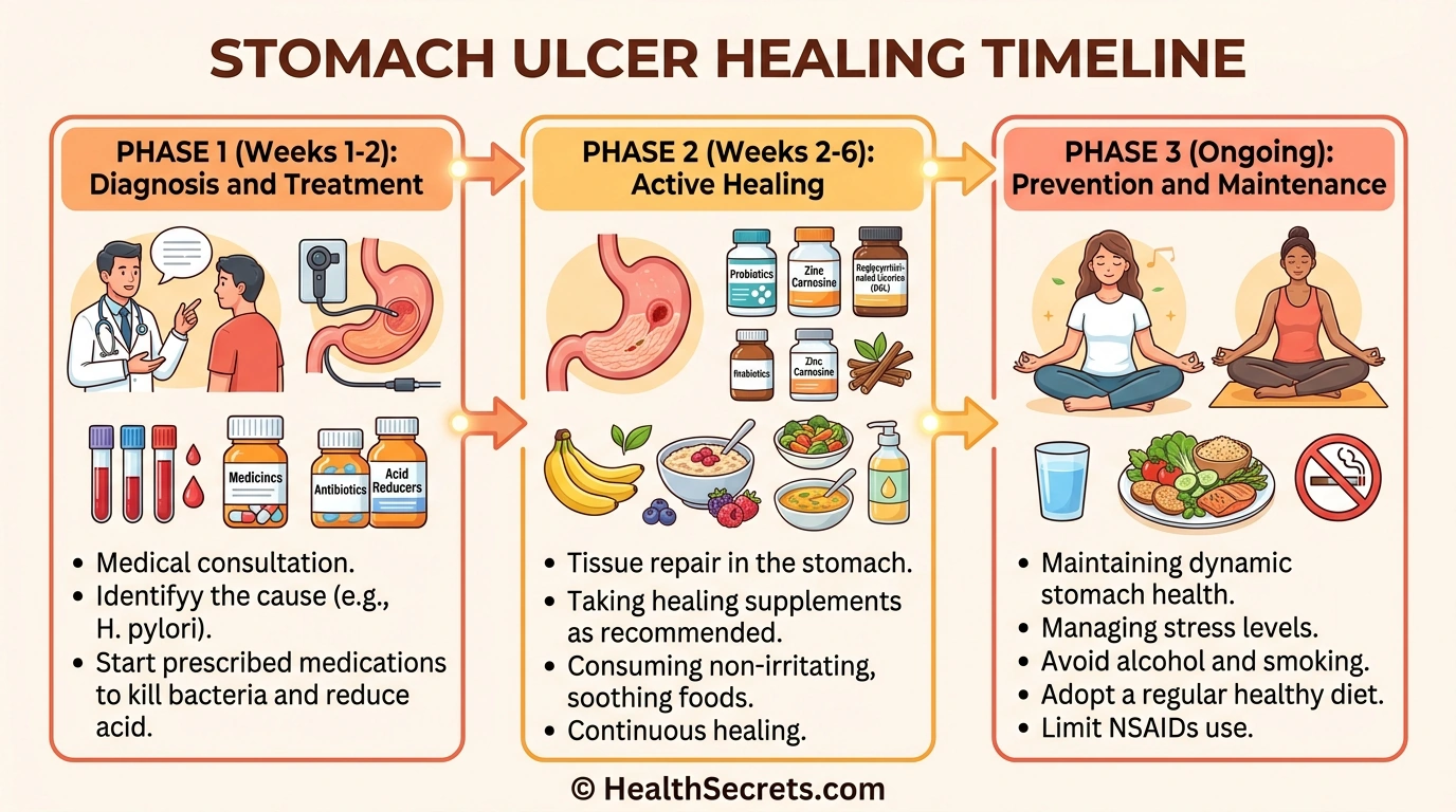 Three-phase stomach ulcer healing action plan showing diagnosis, active healing, and ongoing prevention phases with timeline