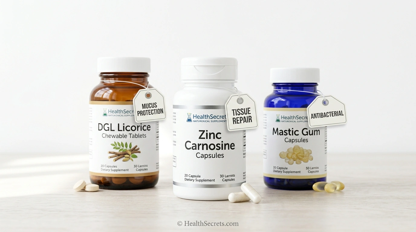 Top three natural supplements for stomach ulcer healing: DGL licorice for mucus protection, zinc carnosine for tissue repair, and mastic gum for antibacterial support