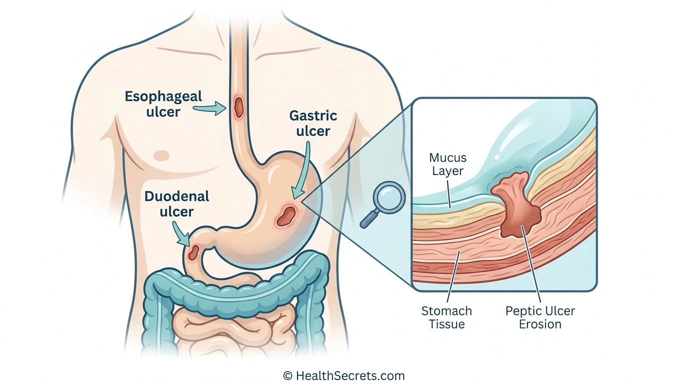 Medical diagram showing locations of gastric, duodenal, and esophageal ulcers in the digestive system with magnified view of ulcer damage
