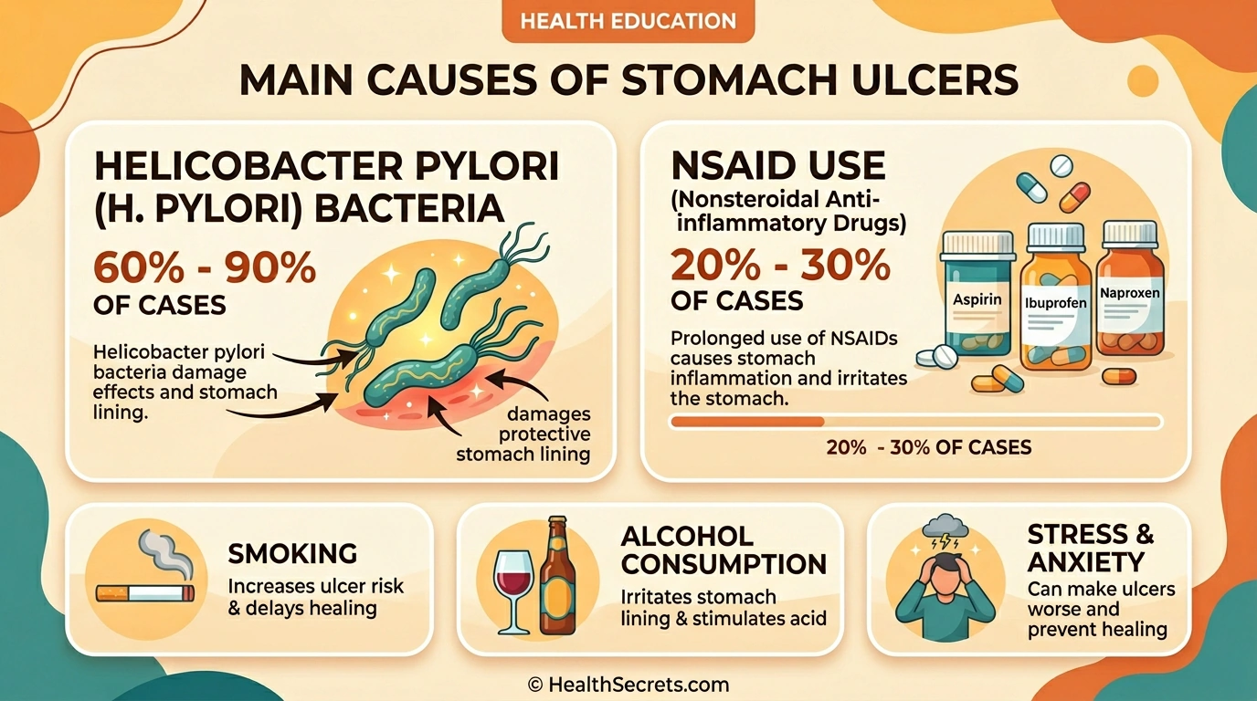 Infographic showing stomach ulcer causes including H. pylori bacteria responsible for 60-90% of cases and NSAIDs causing 20-30%