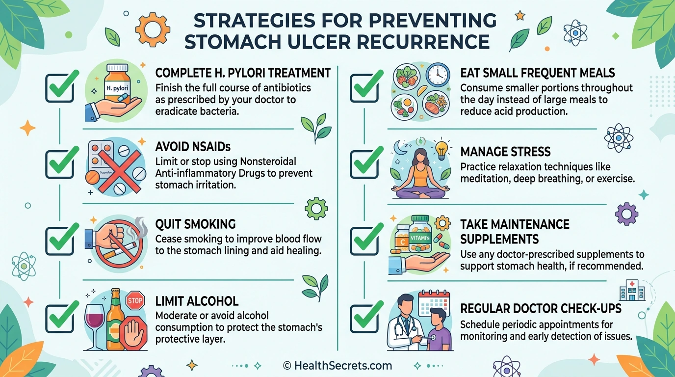 Stomach ulcer prevention checklist with strategies including H. pylori treatment completion, avoiding NSAIDs, quitting smoking, and stress management